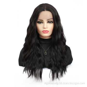 Vigorous vendor natural wholesale high quality long body wave fiber lace front heat resistant synthetic blend wig for women